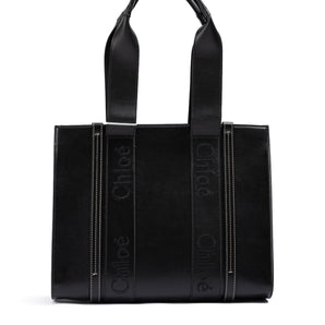 Chloé Black Woody Embroidered Logo Leather Medium Tote Bag