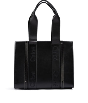Chloé Black Woody Embroidered Logo Leather Medium Tote Bag