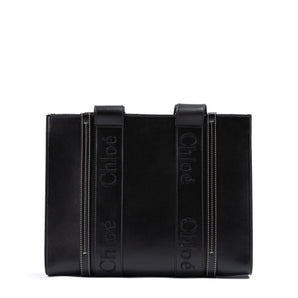 Chloé Black Woody Embroidered Logo Leather Medium Tote Bag