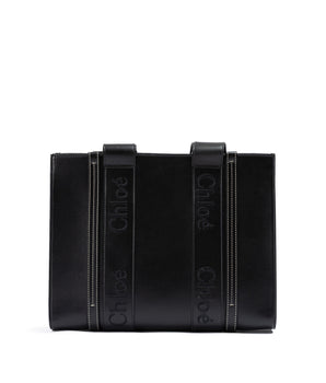 Chloé Black Woody Embroidered Logo Leather Medium Tote Bag