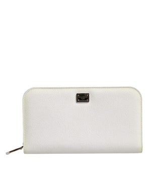 Dolce &amp; Gabbana White Leather Logo Plaque Zip Around Continental Wallet