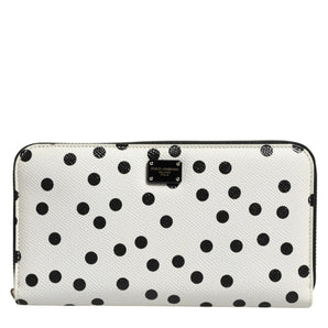 Dolce & Gabbana White Black Dotted Leather Zip Around Continental Wallet