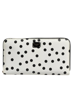 Dolce &amp; Gabbana White Black Dotted Leather Zip Around Continental Wallet