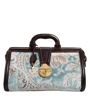 Dolce &amp; Gabbana Blue Brown Leather Floral Jacquard Travel Handbag Bag