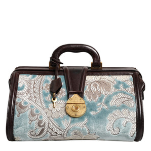 Dolce & Gabbana Blue Brown Leather Floral Jacquard Travel Handbag Bag