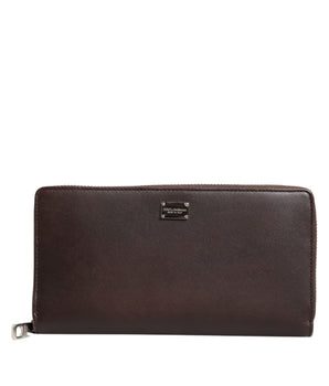 Dolce &amp; Gabbana Brown Calfskin Leather Logo Zip Around Continental Wallet