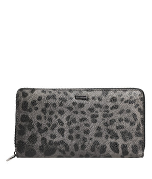 Dolce &amp; Gabbana Black Gray Leopard Leather Zip Around Continental Wallet