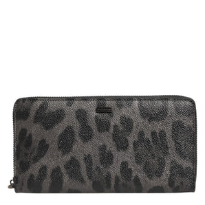 Dolce & Gabbana Black Gray Leopard Leather Zip Around Continental Wallet
