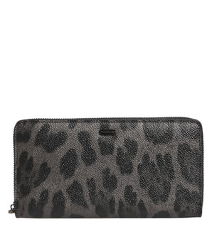 Dolce &amp; Gabbana Black Gray Leopard Leather Zip Around Continental Wallet
