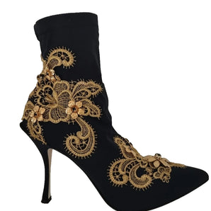 Dolce & Gabbana Black Gold Embroidery Crystal Boots Shoes