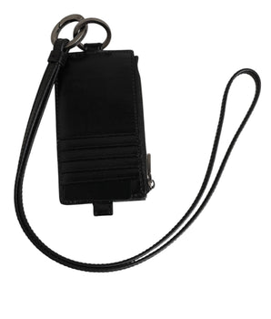 Dolce &amp; Gabbana Black Leather Logo Embossed Lanyard Card Holder Wallet