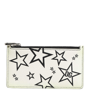 Dolce &amp; Gabbana White Leather Douphin DG Logo Star Print Card Holder Wallet