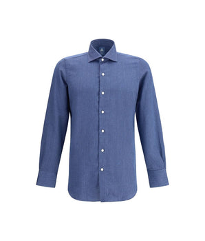 Finamore Blue Cotton Dress Shirt