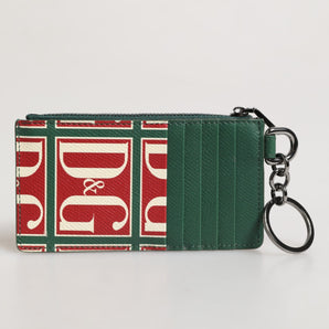 Dolce & Gabbana Green Calf Leather Logo Print Monogram Card Holder Wallet