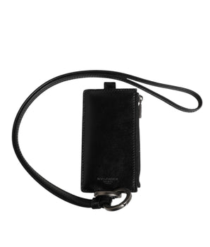 Dolce &amp; Gabbana Black Leather Logo Embossed Lanyard Card Holder Wallet