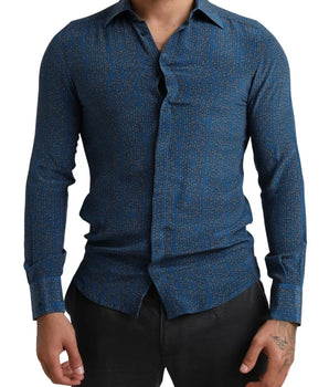 Dolce &amp; Gabbana Blue MARTINI Silk Slim Fit Long Sleeve Shirt