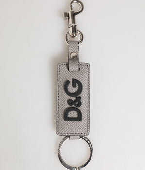 Dolce &amp; Gabbana Gray Leather Logo Metal Ring Keychain Holder Men Keyring