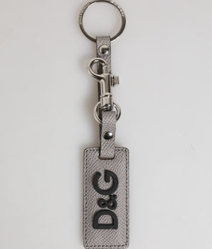 Dolce &amp; Gabbana Gray Leather Logo Metal Ring Keychain Holder Men Keyring