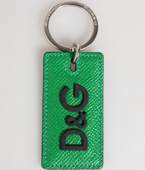 Dolce &amp; Gabbana Green Leather Logo Metal Ring Keychain Holder Men Keyring