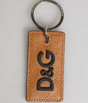 Dolce &amp; Gabbana Brown Leather Logo Metal Ring Keychain Holder Men Keyring