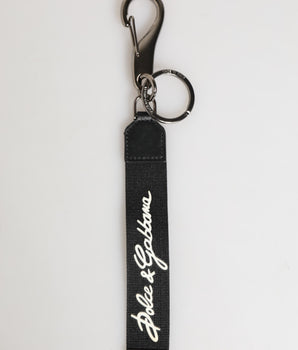 Dolce &amp; Gabbana Black White Polyester DG Logo Silver Men Keychain Keyring