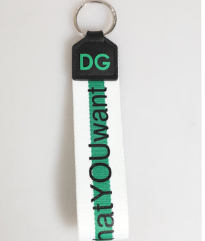 Dolce &amp; Gabbana Green Logo Polyester Silver Brass Holder Keychain Keyring