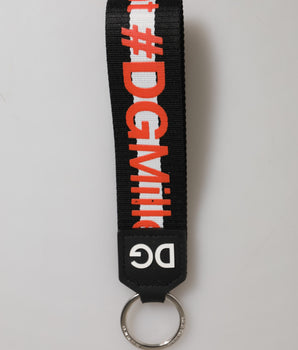 Dolce &amp; Gabbana Black Red Logo Polyester Brass Holder Keychain Keyring