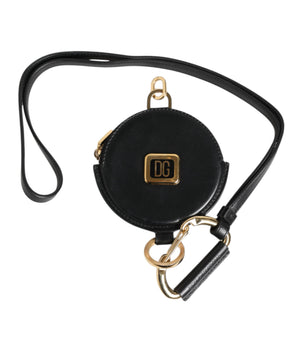 Dolce &amp; Gabbana Black Round Leather DG Logo Coin Purse Lanyard Wallet