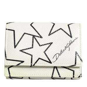 Dolce & Gabbana White Leather Trifold DG Star Print Card Holder Wallet