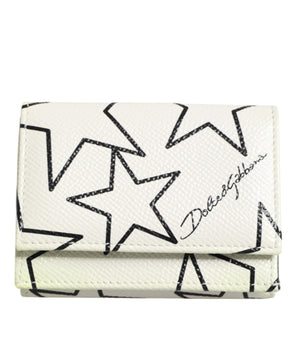 Dolce &amp; Gabbana White Leather Trifold DG Star Print Card Holder Wallet