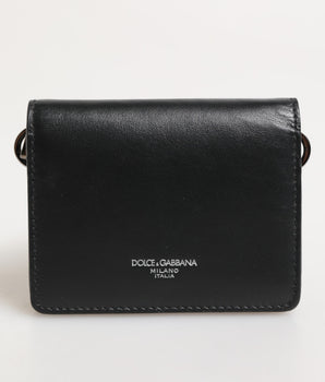 Dolce &amp; Gabbana Black Leather DG Logo Bifold Card Holder Men Borse Wallet