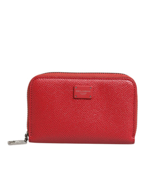 Dolce &amp; Gabbana Red Leather Zip Around Logo Plaque Men Coin Purse Wallet