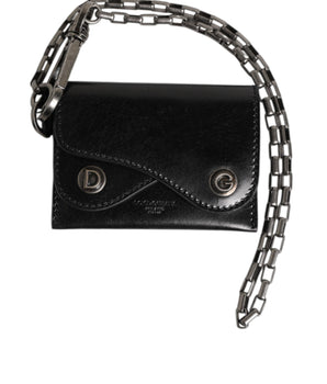 Dolce &amp; Gabbana Black Cavallo Leather Wallet Chain Snap Bifold Card Holder