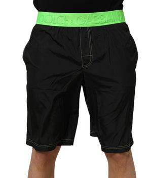 Dolce &amp; Gabbana Black Green Logo Waistband Beachwear Short Swimwear