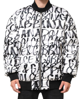Dolce &amp; Gabbana White Black Graffiti Logo Puffer Bomber Jacket