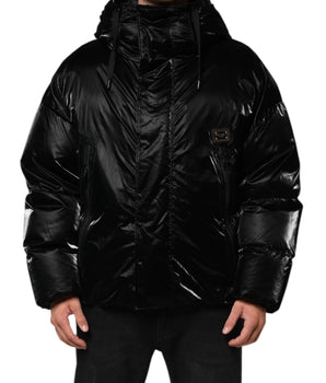 Dolce &amp; Gabbana Black Logo Full Zip Hooded Quilted Jacket