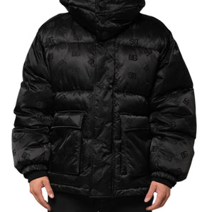 Dolce & Gabbana Black Monogram Logo Puffer Nylon Hooded Jacket