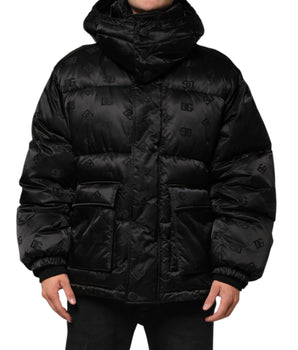 Dolce &amp; Gabbana Black Monogram Logo Puffer Nylon Hooded Jacket