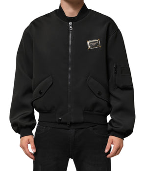 Dolce &amp; Gabbana Black Polyester Logo Plaque Bomber Jacket