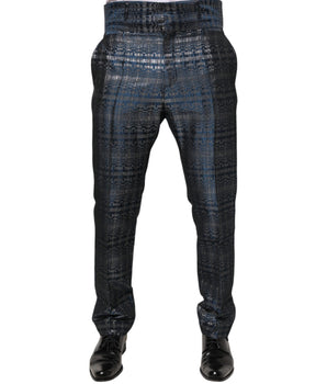 Dolce &amp; Gabbana Blue Silver Shiny Silk Skinny Men's Pants
