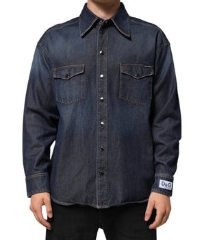 Dolce &amp; Gabbana Blue Denim Button Casual Logo Patch Men Shirt
