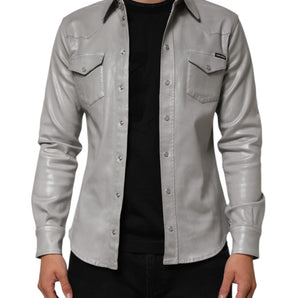 Dolce & Gabbana Gray Coated Cotton Snap Button Logo Men Shirt