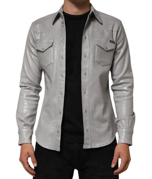 Dolce &amp; Gabbana Gray Coated Cotton Snap Button Logo Men's Shirt