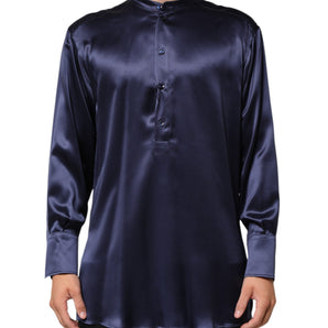 Dolce & Gabbana Navy Silk Long Sleeve Mandarin Collar Shirt