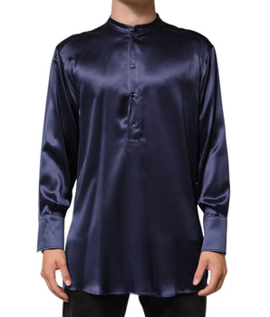 Dolce & Gabbana Navy Silk Long Sleeve Mandarin Collar Shirt