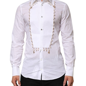 Dolce & Gabbana White Cotton DG Logo Pearl Chain Formal Shirt