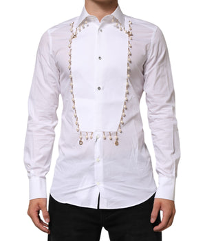 Dolce &amp; Gabbana White Cotton DG Logo Pearl Chain Formal Shirt