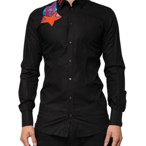 Dolce & Gabbana Black Cotton Star Sequin Dress Formal Men Shirt