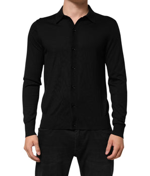 Dolce &amp; Gabbana Black Silk Button Up Lightweight Sweater