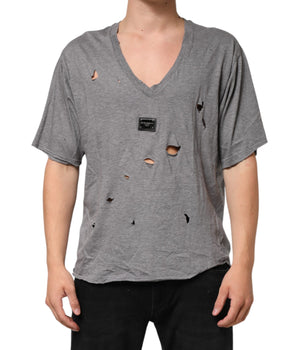 Dolce &amp; Gabbana Gray Cotton Tattered Logo Patch Men T-shirt